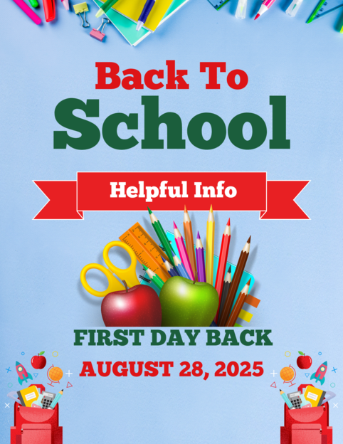 A dark green chalk background with colourful school objects and text reading Welcome Back to School August 29.